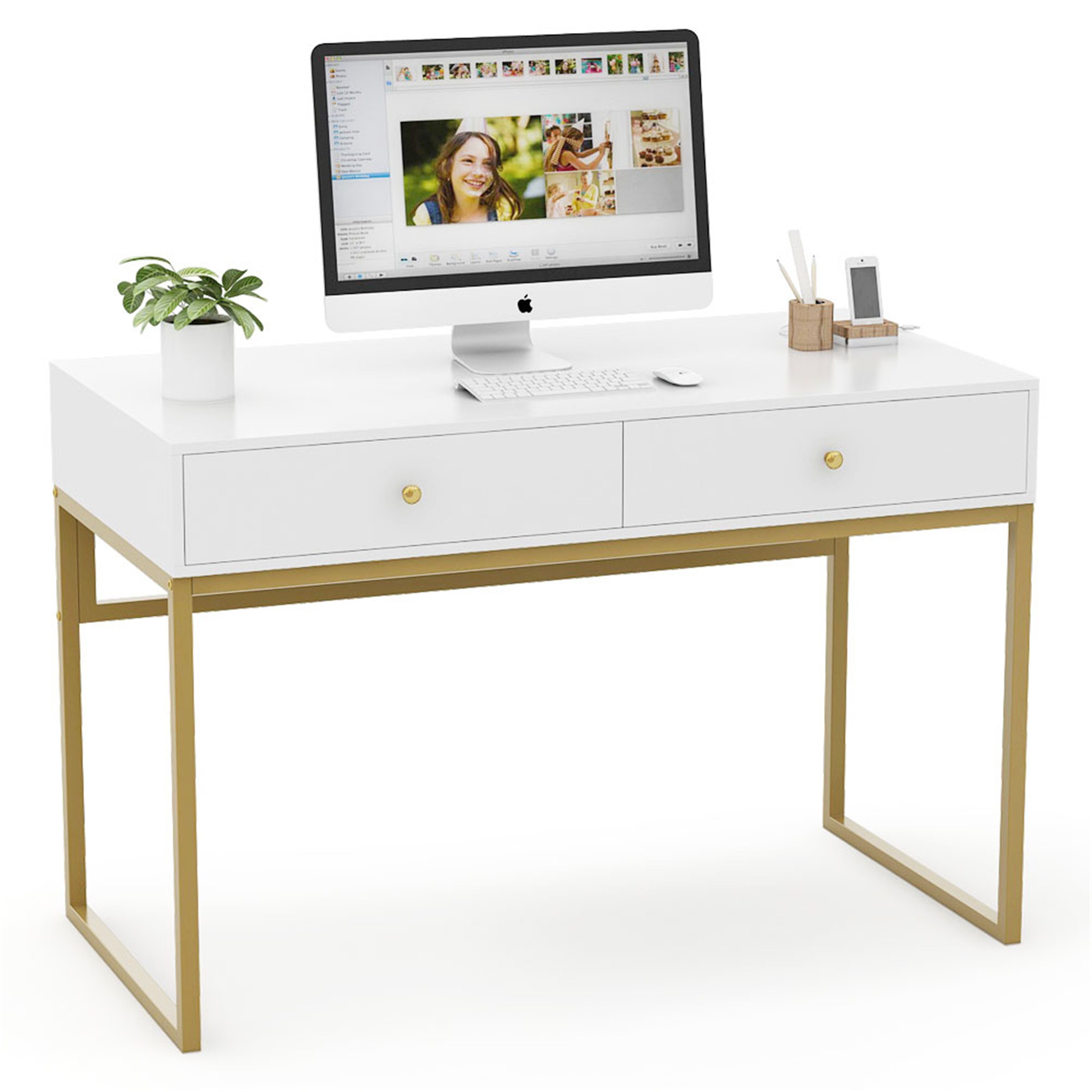 Modern Computer Desk with 2 Drawers, 47“ Simple Study Writing DeskWhite +  Golden Legs