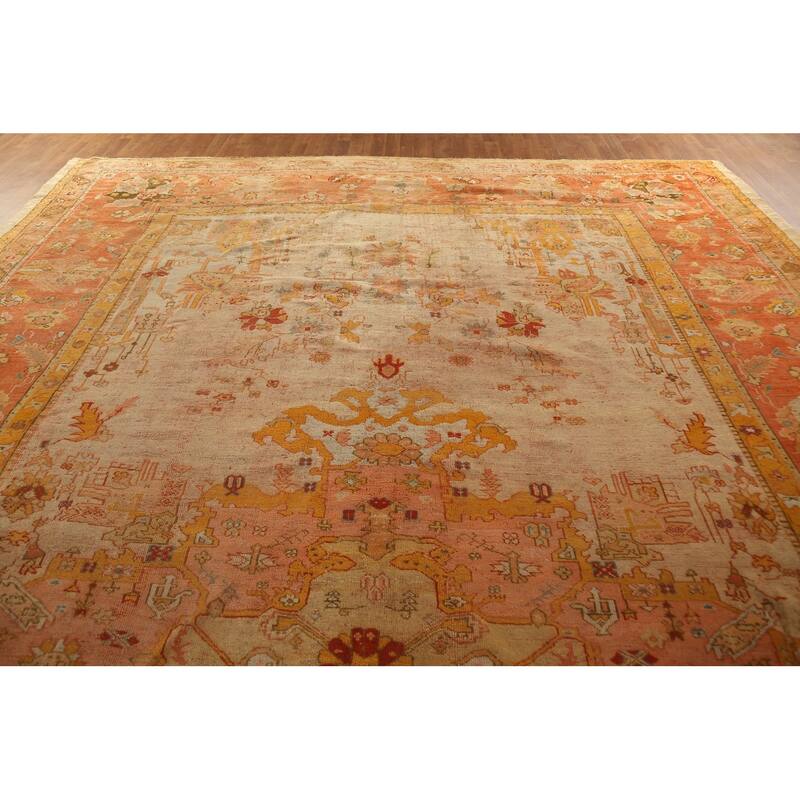 Pre-1900 Antique Vegetable Dye Oushak Turkish Rug Handmade Wool Carpet - 12'3"x 18'5"