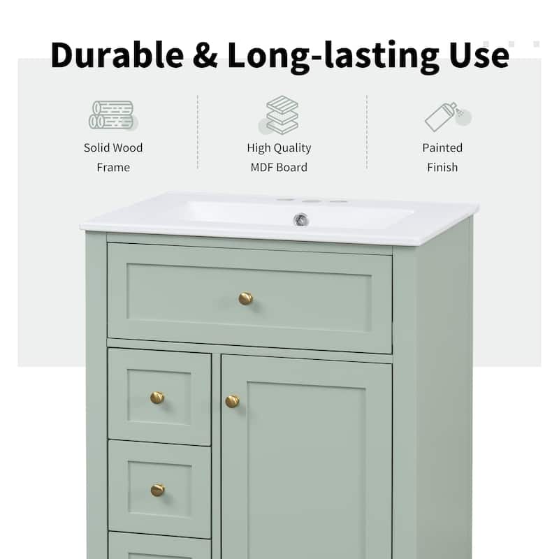 24" Bathroom Vanity with Sink, MDF & Rubberwood Construction, 3 Drawers & Cabinet with Adjustable Shelves