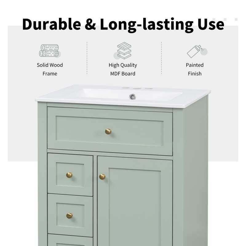 Roomfitters 24" Bathroom Vanity with Sink, Solid Wood Legs, 4 Drawers & Cabinet with Adjustable Shelf