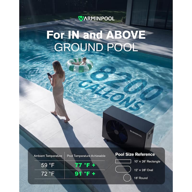 Electric Pool Heat Pump 30000 BTU Pool Heater for 8000 Gallon Pools with WiFi Control - 35.51"L x 13.88"W x 21.98"H