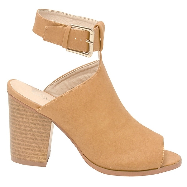 Soho Adult Tan Buckle Strap Peep Toe Block Heel Bootie Sandals 6 Women