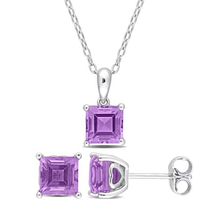 Miadora 3ct TGW Square Amethyst Solitaire Necklace and Stud Earrings Set in Sterling Silver