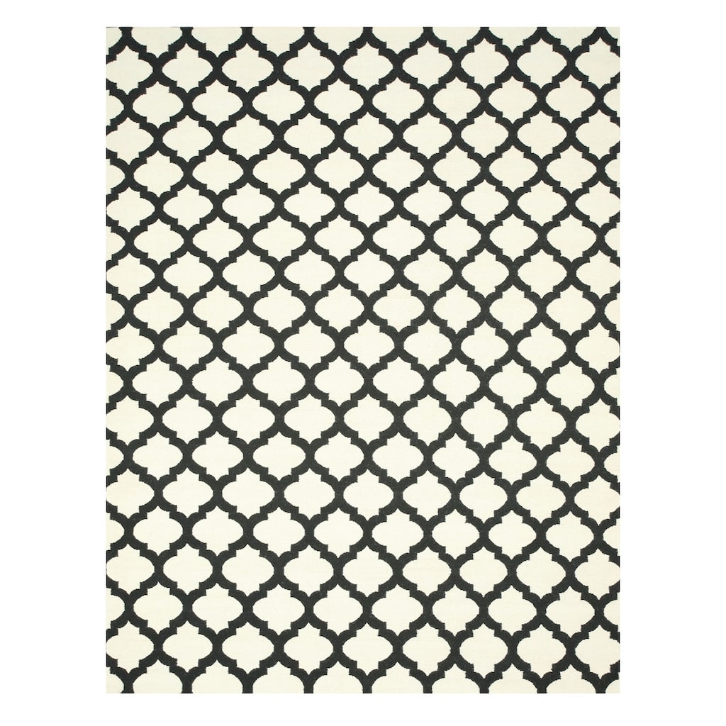Black Wool Geometric Reversible Rug 8x10 - Modern Trellis Flatweave with Handmade Elegance - N/A