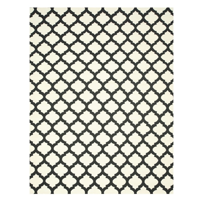 Black and Ivory Wool Reversible Rug 9x12 - Stylish Trellis Pattern and Handcrafted Reversible Design - N/A