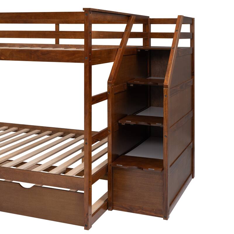 Bunk Bed with Trundle with Safety Guardrail and 3 Storage Stairs, Triple Bunk Multifunctional Space-Saving Solution for Bedroom