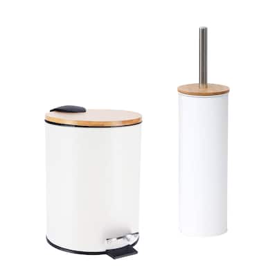 Bathroom Set with Bamboo Lid - Matte Metal Trash Can and Toilet Brush - 15.6" H x 11" L x 11" W