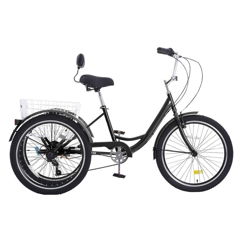 Black Carbon Steel 3-Wheel Bike with 7-Speed and Cargo Basket - 68.5” L x 29.9” W x 44.9” H