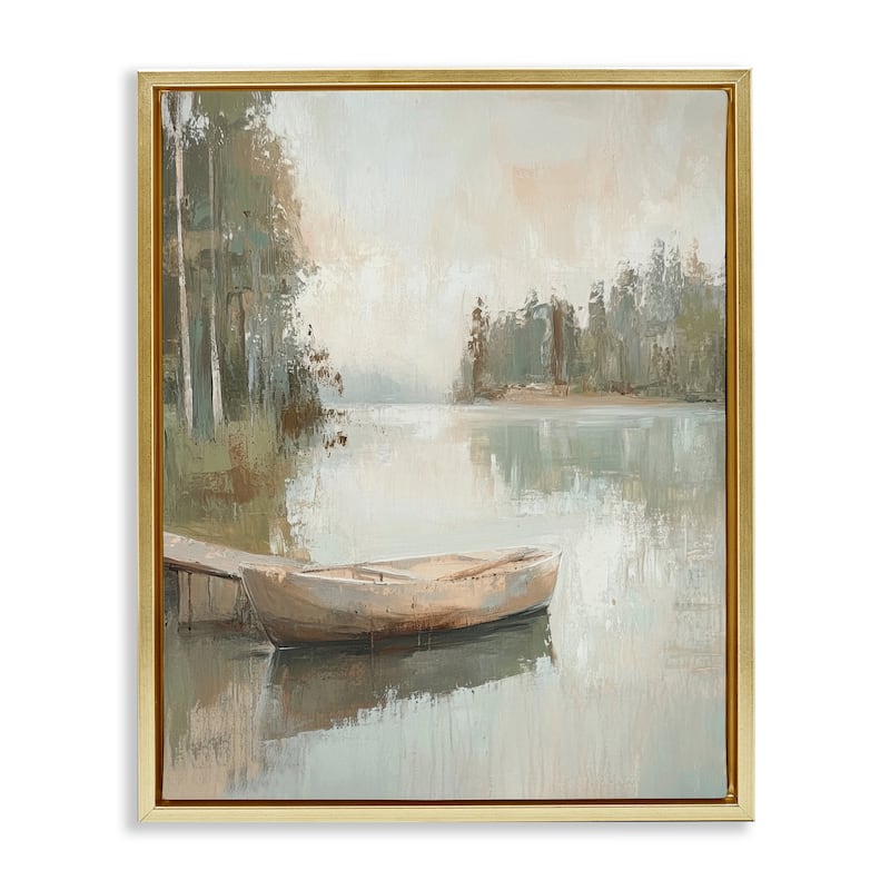 Stupell Canoe at Quiet Dock Framed Floater Canvas Wall Art Design By Petal Prints Design - 25 x 31 - Gold