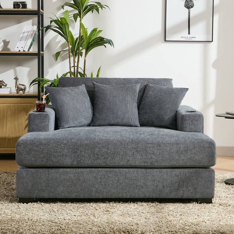 Chenille Fabric Oversized Chaise Lounger, 39.7''/43.5''/55'' Chair Bed Sofa Couch with Pillows, Charge Station & Cup Holders