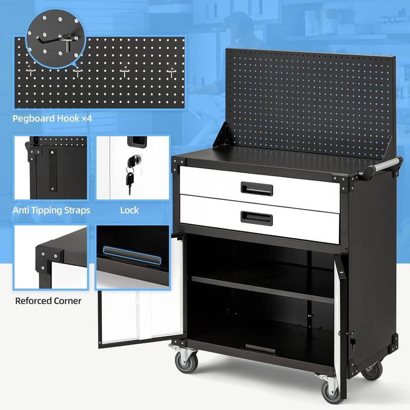 AECOJOY Rolling Tool Chest with Wheels 2 Drawers Pegboard