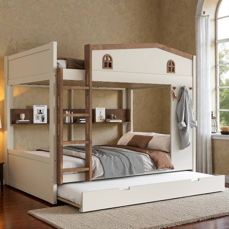 Solid Wood Bunk Bed with Trundle and Storage Shelves, Full Over Full/Queen Over Queen Bunk Bed with Hooks - Beige Natural - Queen