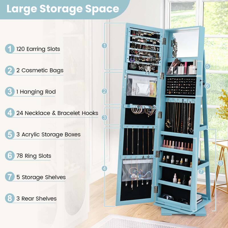 Costway 360degree Rotatable Jewelry Cabinet 2-in-1 Lockable Mirrored - See Details