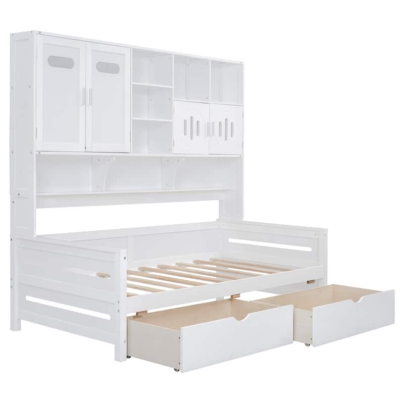 Twin Size Wooden Daybed with 2 Drawers, All-in-One Cabinet and Shelf for Bedroom