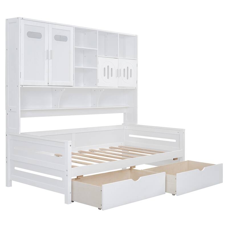 Wooden Daybed with Storage Cabinet and Smooth-Sliding Drawers for Living Room, Guest Rooms