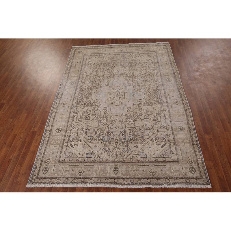 Distressed Tabriz Persian Vintage Area Rug Hand-Knotted Wool Carpet - 6'4" x 9'2"
