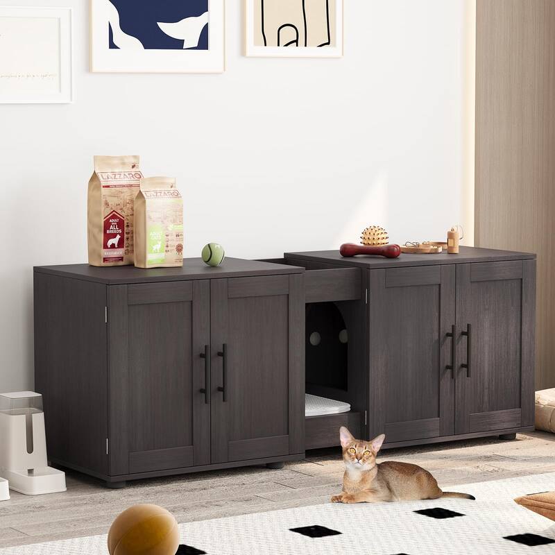 Large Cat Litter Box Furniture with Double Rooms and Barn Doors - Walnut