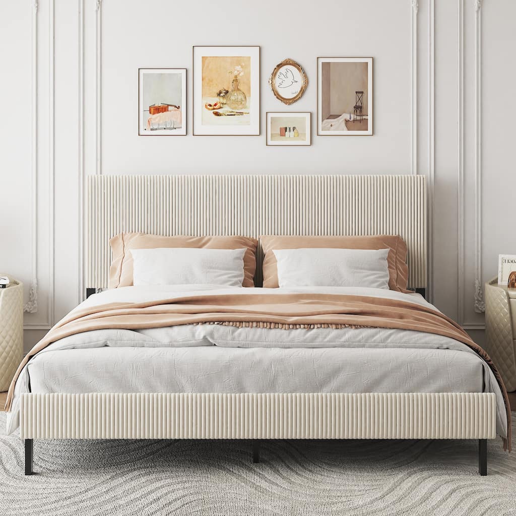King Size Metal Bed Frame Upholstered Platform Bed Frame with High Headboard, Metal Cross Slats Support, Easy Assembly, Beige