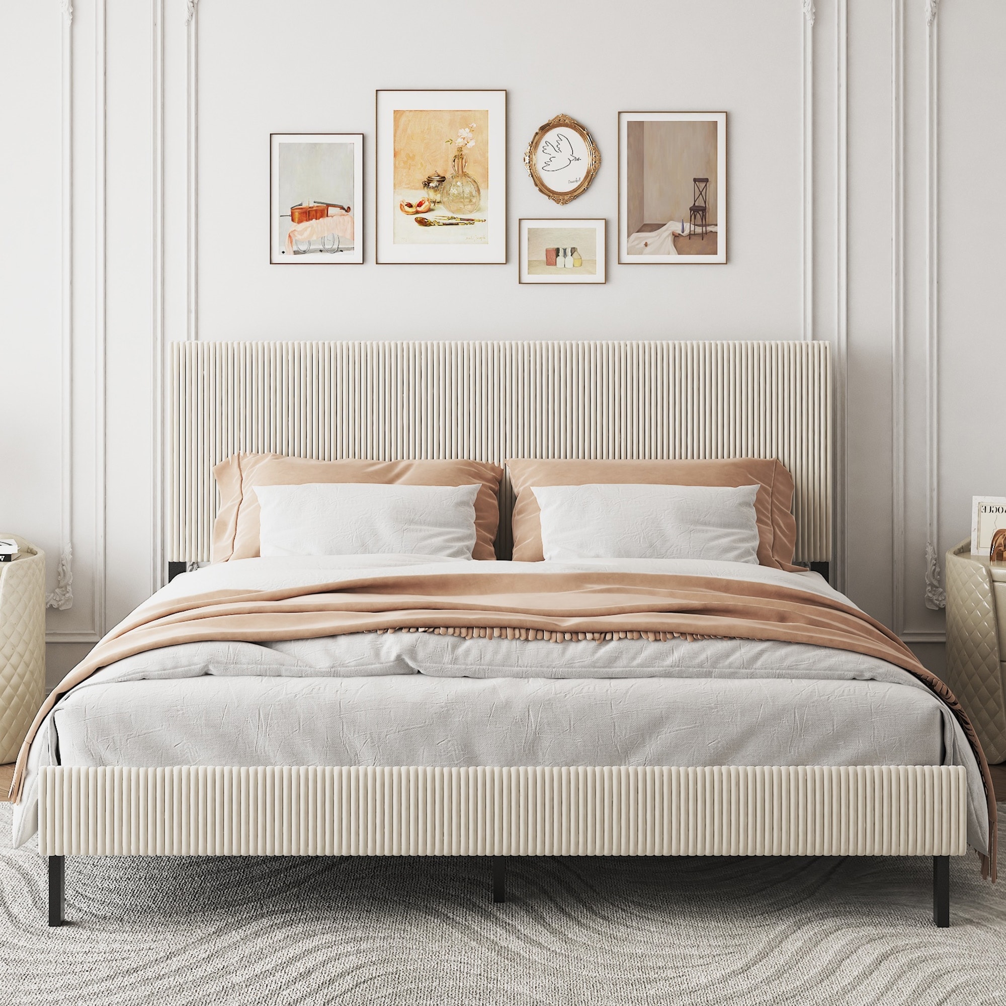 King Size Metal Bed Frame Upholstered Platform Bed Frame with High Headboard, Metal Cross Slats Support, Easy Assembly, Beige