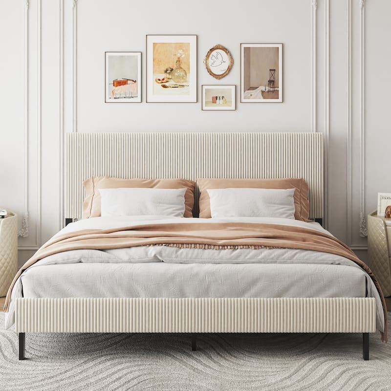 King Size Metal Bed Frame Upholstered Platform Bed Frame with High Headboard, Metal Cross Slats Support, Easy Assembly, Beige - Beige - King