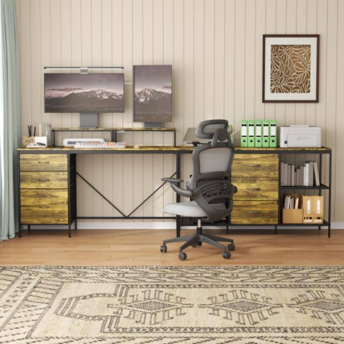 Industrial L-Shaped Desk with Power Outlets, 6 Fabric Drawers & 3 Shelves, Large Corner Office Gaming Desk