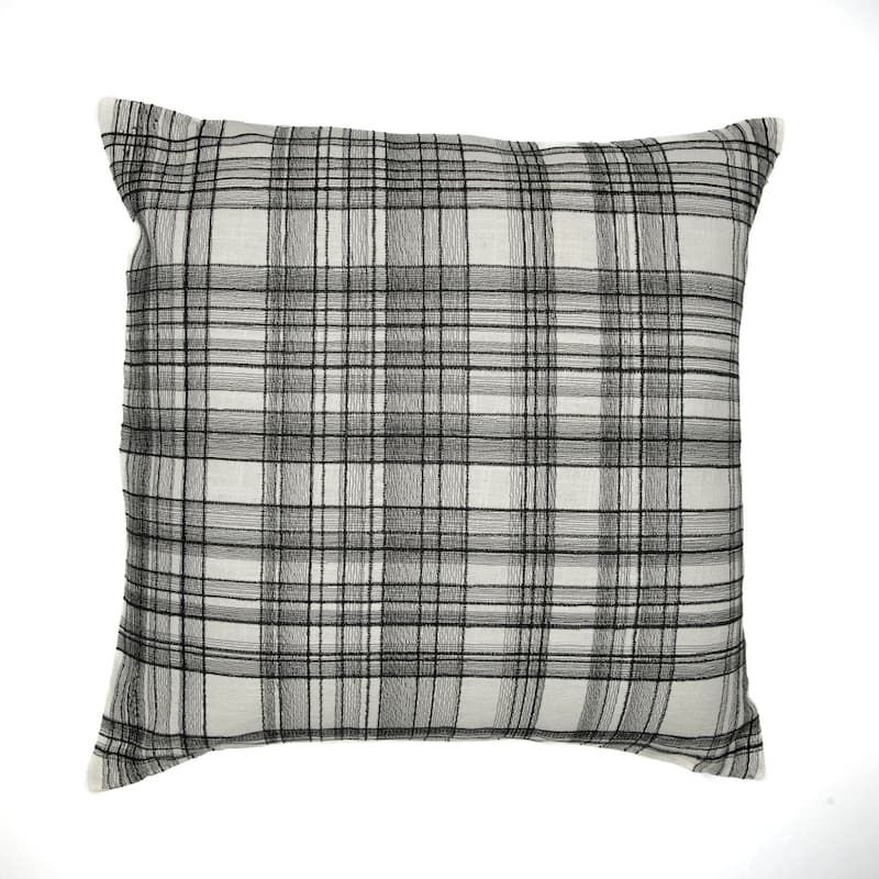 HomeRoots 20" White and Black Check Cotton Blend Throw Pillow With Embroidery