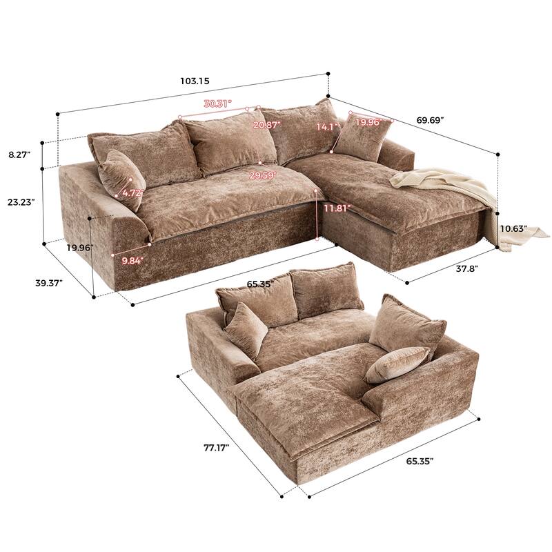103" L-Shaped Cloud Sectional Sofa with Chaise, Upholstered Boneless Couches for Living Room, Modern Modular Chenille Sofa