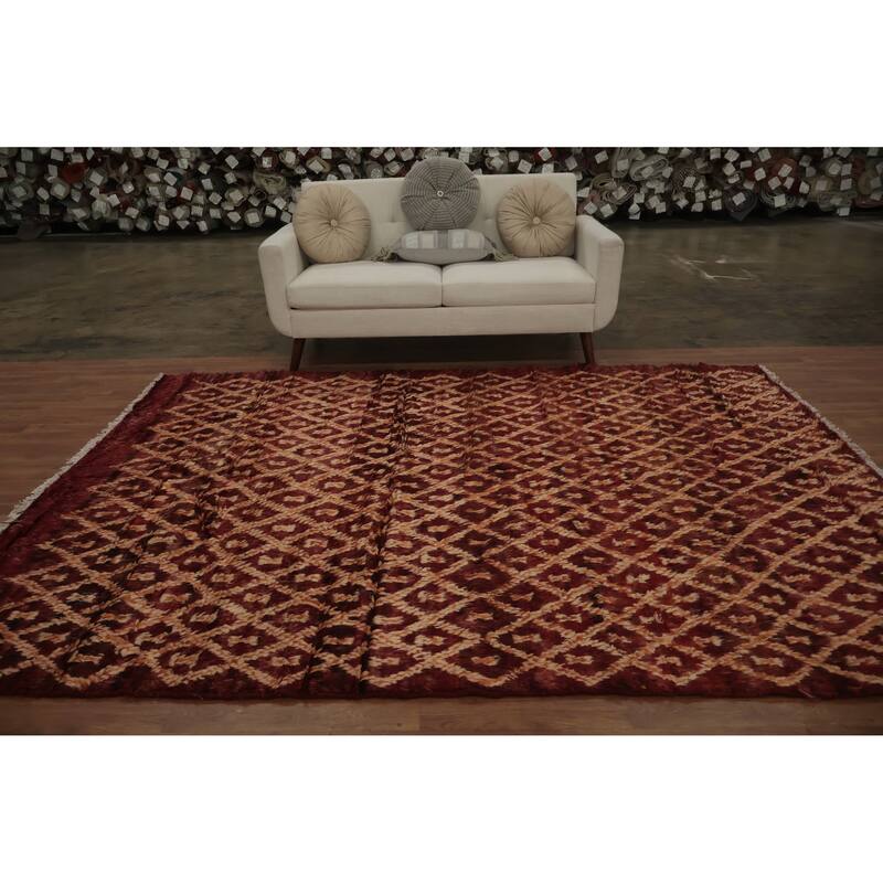 Hand Knotted Oriental 100% Wool Carpet Modern Tribal Red Moroccan Area Rug - 9' 5'' X 6' 11''