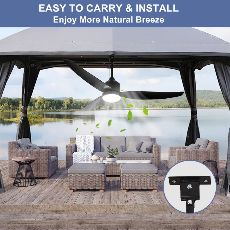 Outdoor Ceiling Fan with Light: 42-52 Inch Hanging - Plug in Waterproof Fans for Patio - Dimmable Remote App Control Black