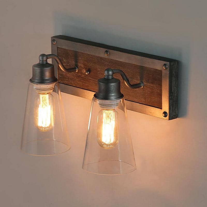 Farmhouse 2-Light Wood Wall Sconce Bathroom Vanity Light - Silver