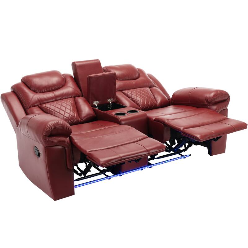 Home Theater Seating Manual Recliner Loveseat with Hide-Away Storage, Cup Holders and LED Light Strip for Living Room, Black
