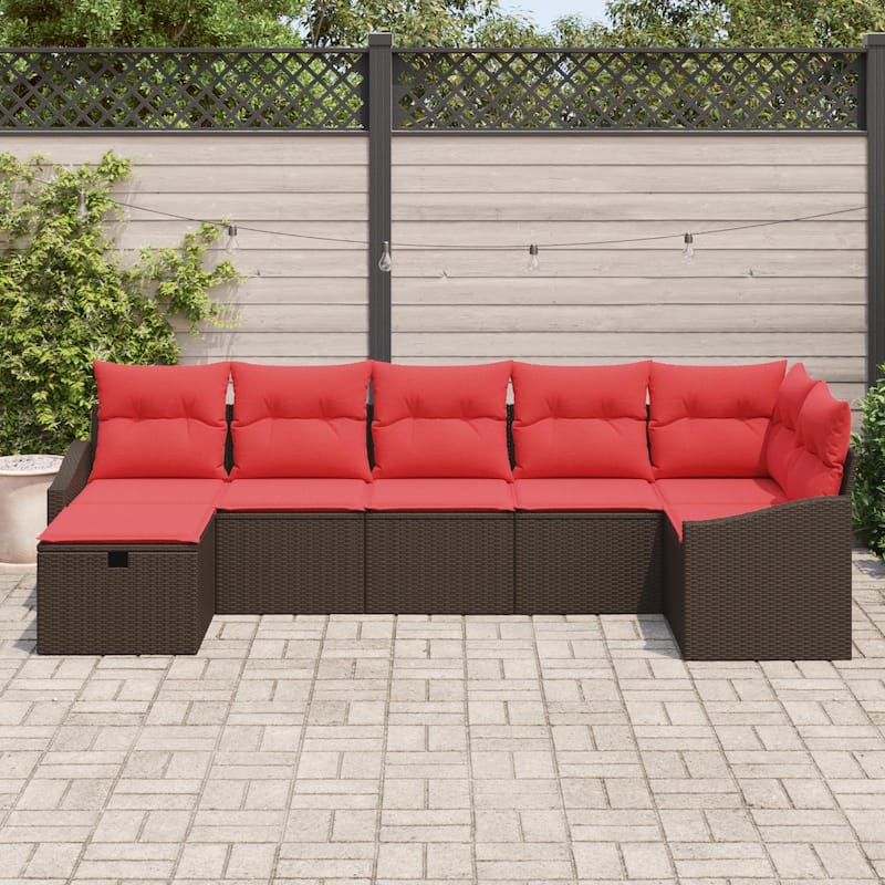 vidaXL 7/8 Garden Sofa Set with Cushions Black/Brown/Grey Poly Rattan - 113.6 x 48.6 x 27.2