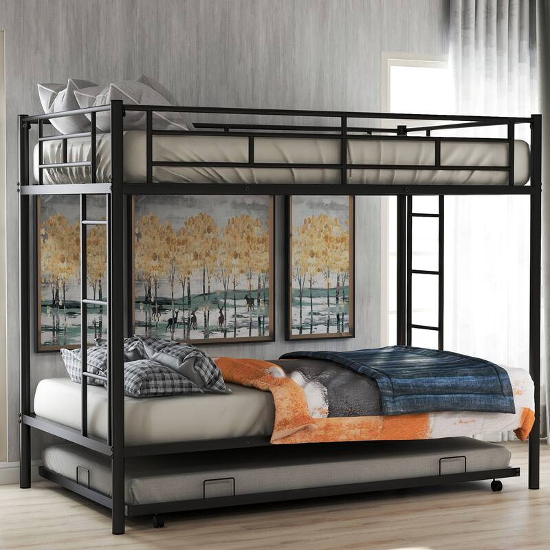 Twin Over Twin Bunk Bed w/Trundle, Metal Bedframe for 3, Space Saving