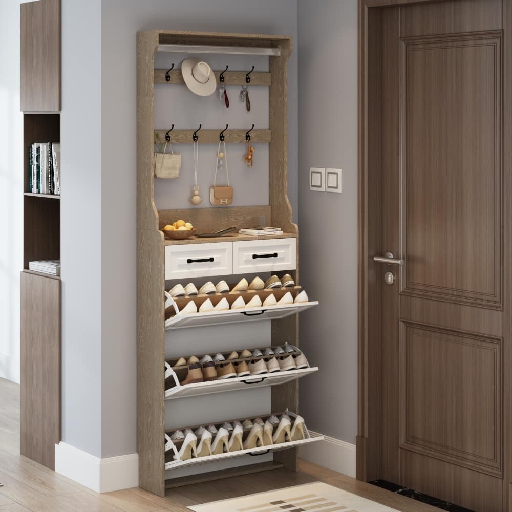 31.5 in.W Shoe Cabinet PVC Door with 3 Doors 2 Drawers with Hanger