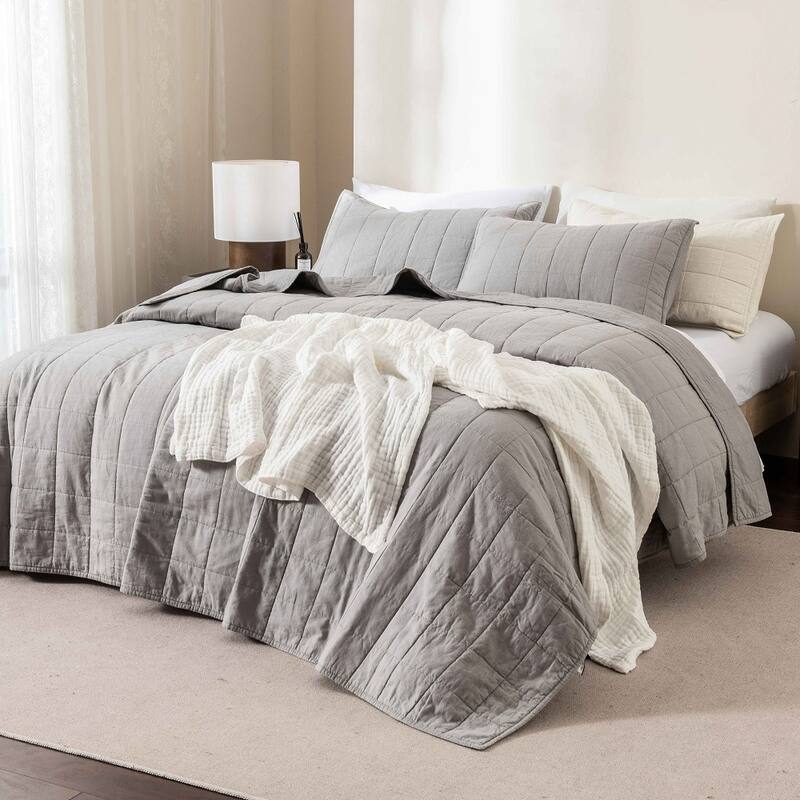 WHOLINENS Box Stitch Stone Washed Linen Blend Quilt & Pillow Shams Set