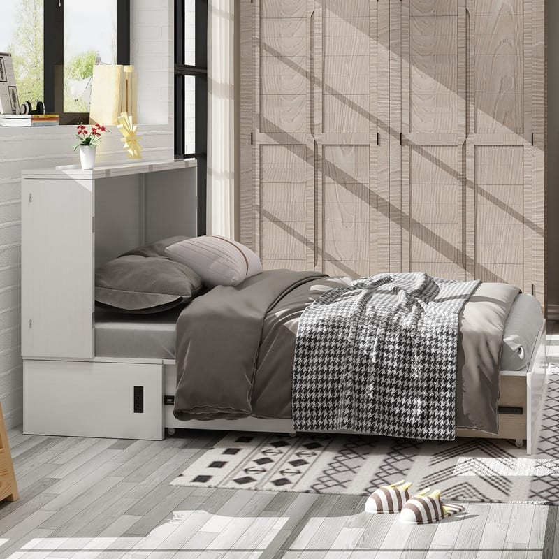 Mixoy Murphy Bed Cabinet Bed Chest with Mattress & Drawer