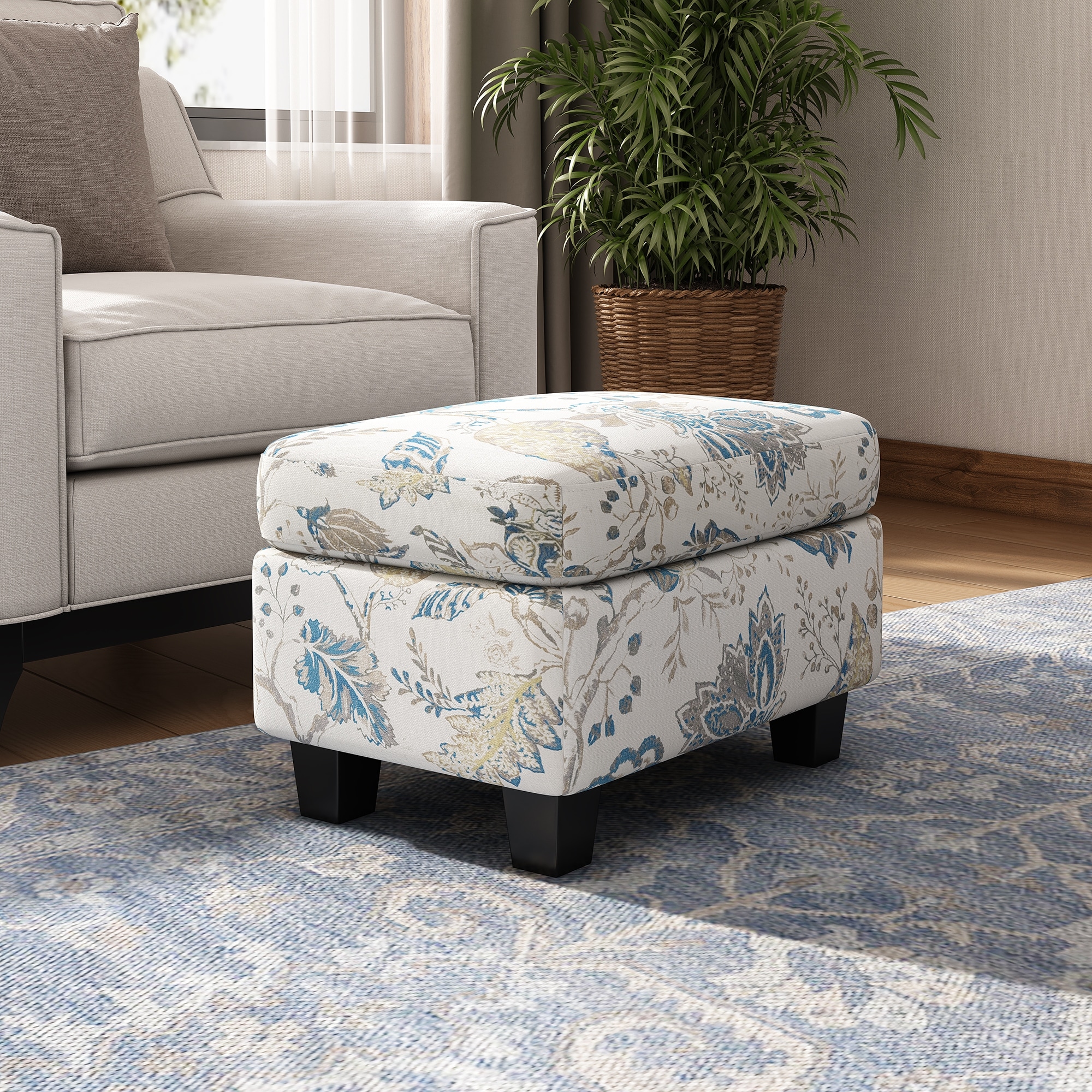 Tufted Upholstered Ottoman Bench with Turned Birch Wood Legs, Versatile Footrest Storage Stool for Living Room, Beige & Blue