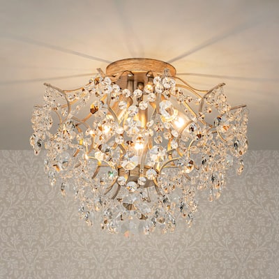 3-Light Modern Glam Sputnik Crystal Flush Mount Light with Crystal Beads Accents