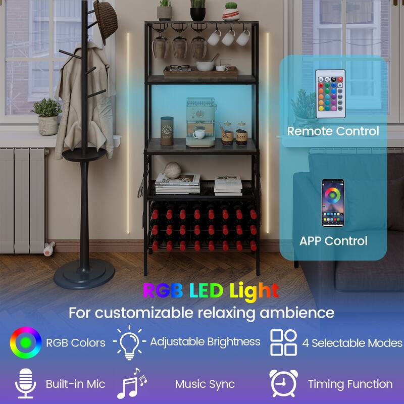 Gymax 3-Tier Wine Rack Coffee Bar Station w/Power Outlets Hooks Glass