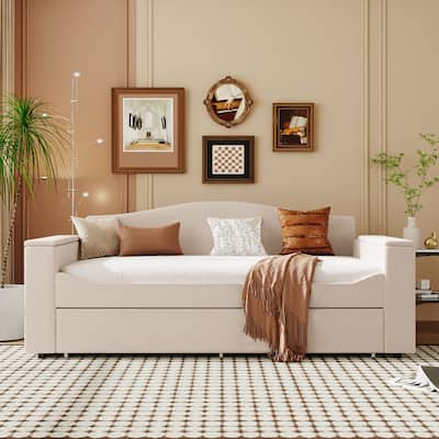 Upholstered Daybed with Storage Armrests, Trundle and Latest Integrated Bluetooth Audio System