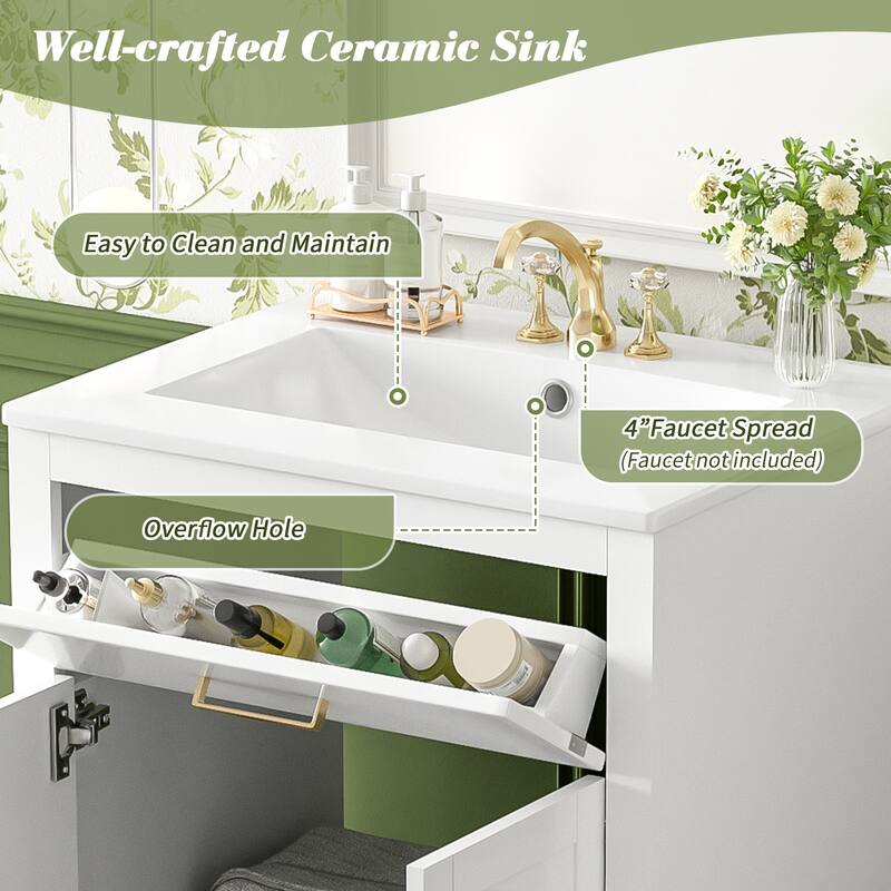 Floor Standing 24" Bathroom Vanity for Small and Medium Restroom, Integrated Ceramic Sink Bathroom Storage Cabinet