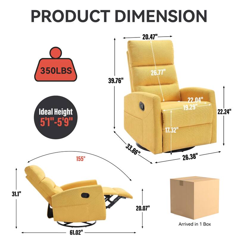 360° Swivel Chair, Fabric Manual Recliner Chair Armchair with Footrest and Adjustable Backrest Pedals, Side Pockets