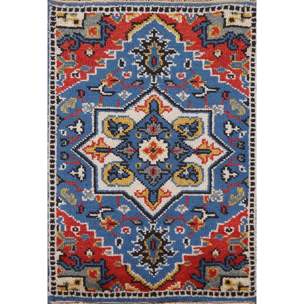 Blue Geometric Kazak Indian Rug Handmade Wool Carpet - 2'0"x 3'0"