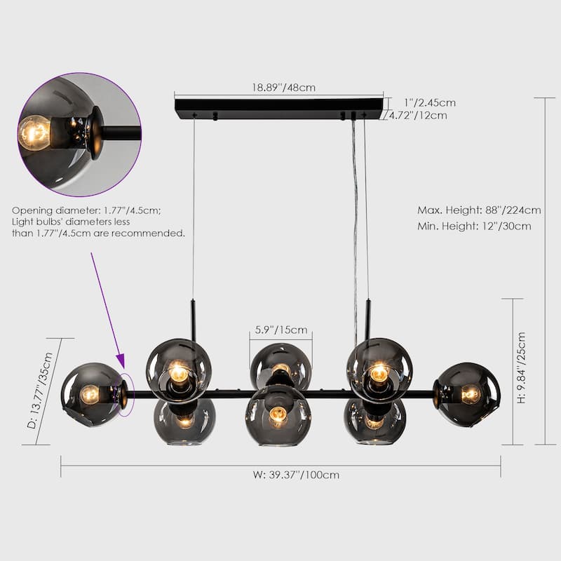 8-Light Modern Linear Sputnik Pendant Island Light Black Smoked Glass Globe Bubble Chandelier for Dining Room