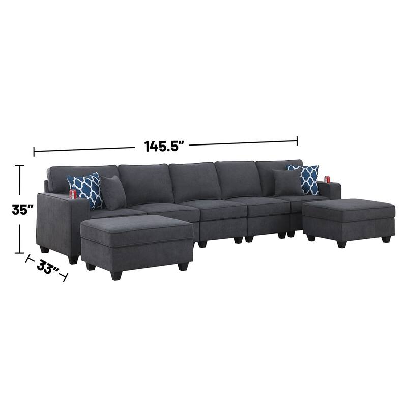 Woven Upholstered 5-Seater Sofa with 2 Ottomans in Stone Gray