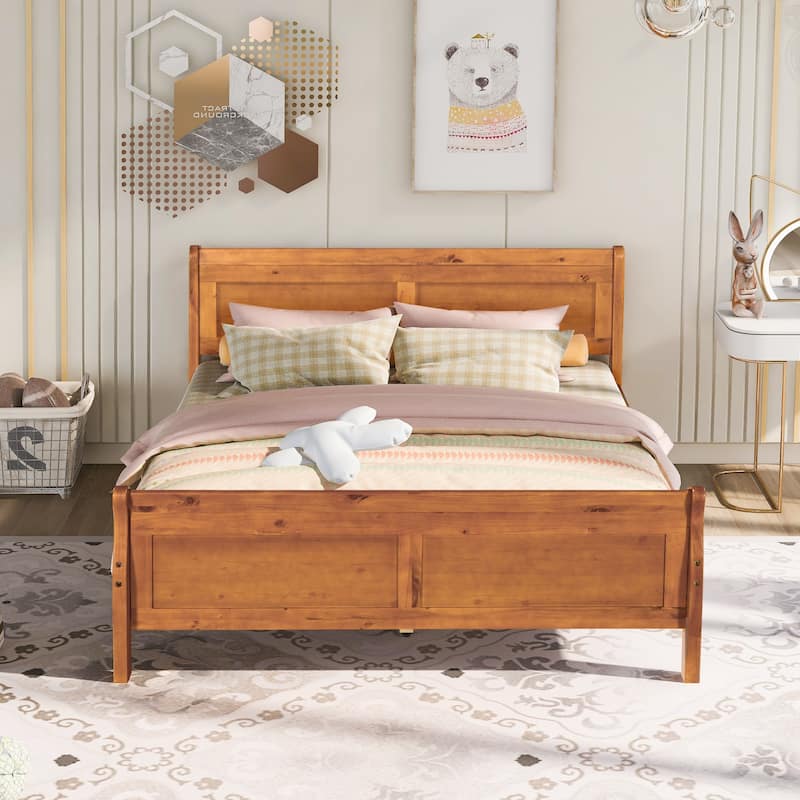 Wood Platform Bed with Headboard and Wooden Slat Support