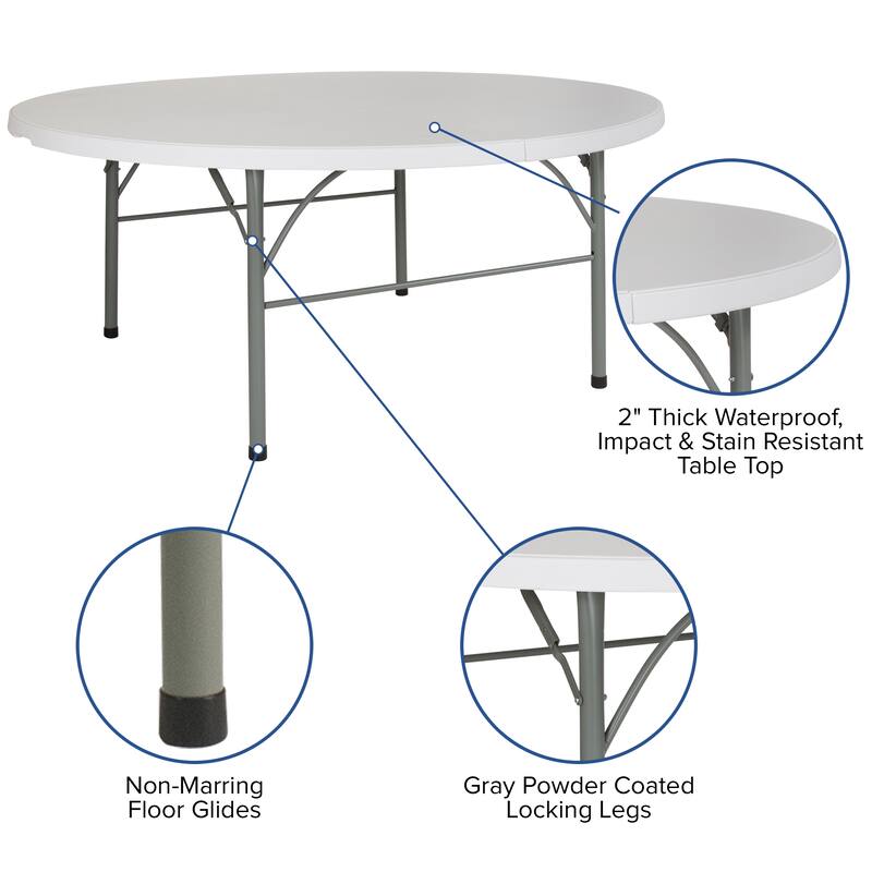 6-Foot Round Bi-Fold Plastic Event Folding Table with Handle