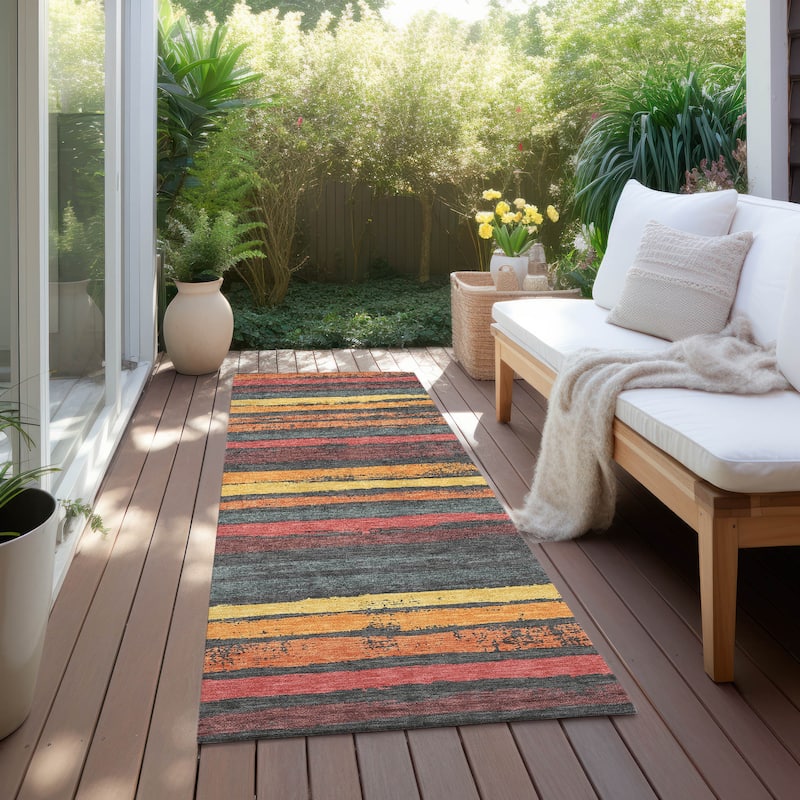 Machine Washable Indoor/ Outdoor Chantille Stripe Rug - Granite - 2'3" x 7'6"