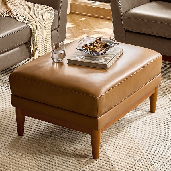 HULALA HOME Erauso Mid-Century Modern Genuine Leather Ottoman with