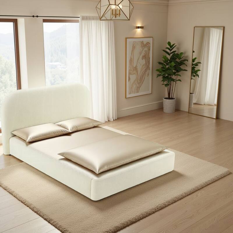 Ardie Queen Bed, Low Profile Footboard, Plush Beige Upholstered Panel